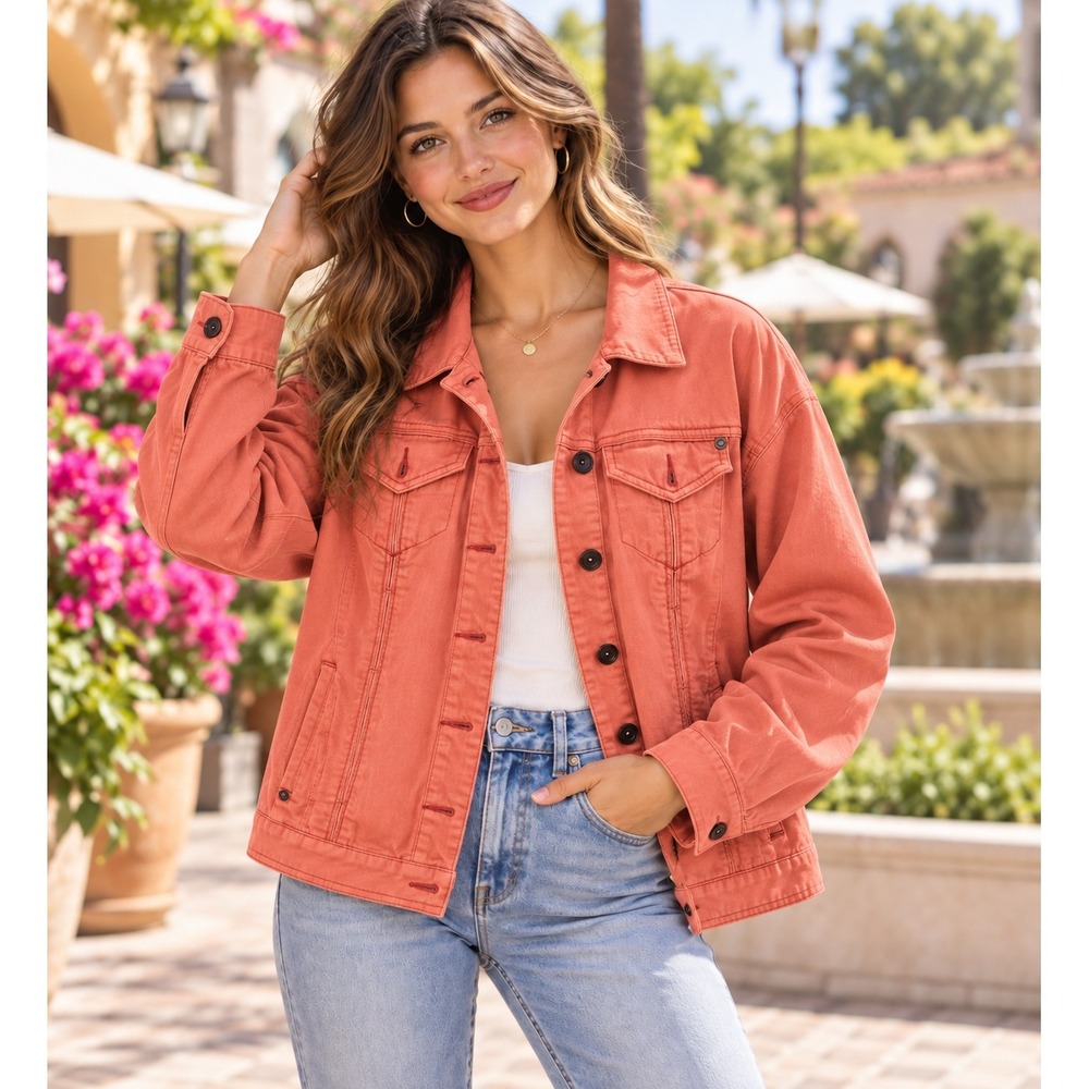 Chicos Platinum Button Up Jacket Coral Orange Denim Style Size 2 Large